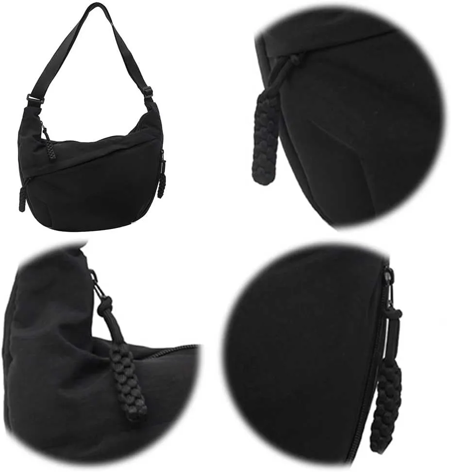 Crescent Crossbody Bags for Women Hobo Bag Luna Bag Dumpling Bag Nylon Multi-Pocket Sling Bag Moon Shoulder Bag (Black)