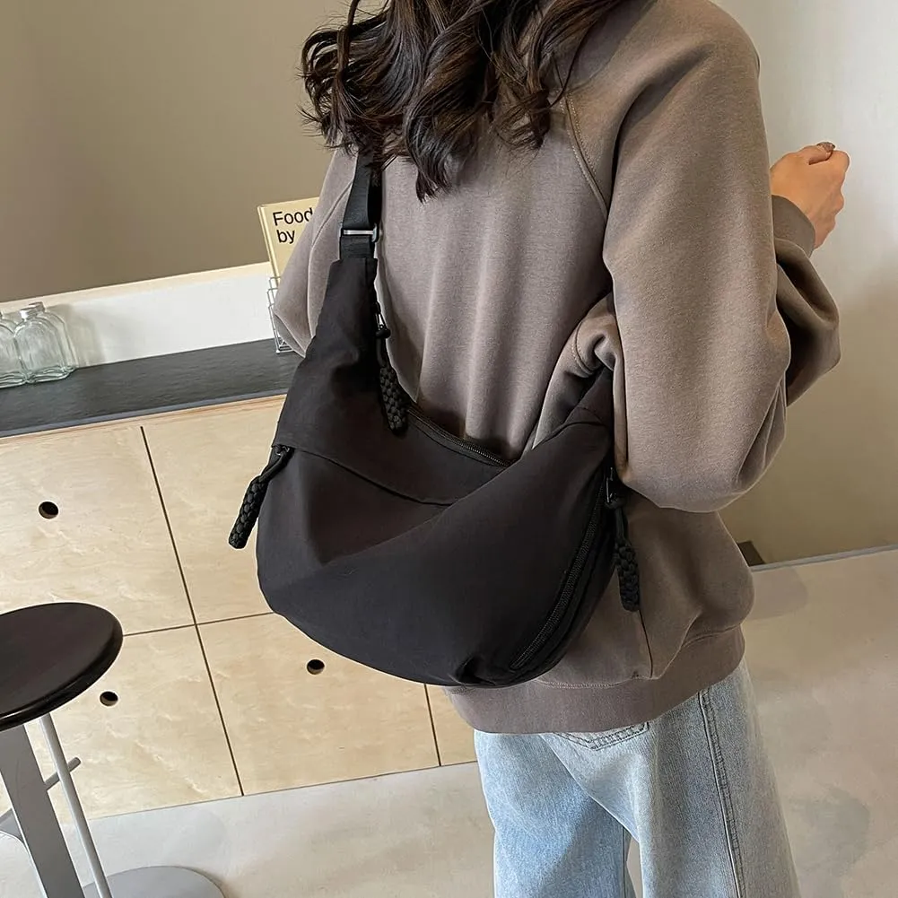 Crescent Crossbody Bags for Women Hobo Bag Luna Bag Dumpling Bag Nylon Multi-Pocket Sling Bag Moon Shoulder Bag (Black)