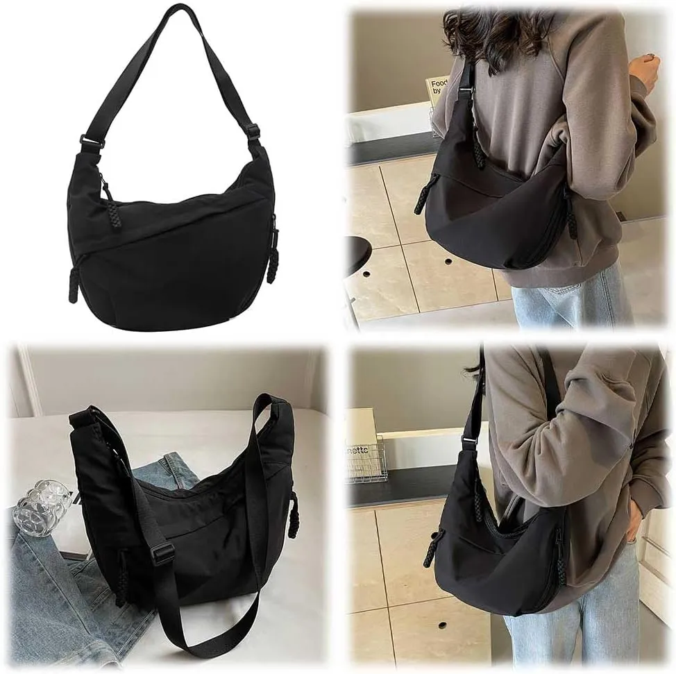 Crescent Crossbody Bags for Women Hobo Bag Luna Bag Dumpling Bag Nylon Multi-Pocket Sling Bag Moon Shoulder Bag (Black)