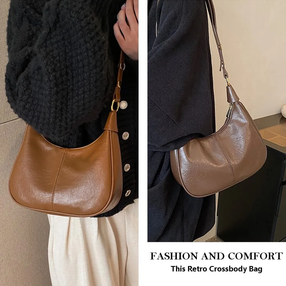 Crescent Hobo Bags Retro Crossbody Bag Vegan Leather Shoulder Purse Soft Cute Handbag for Women