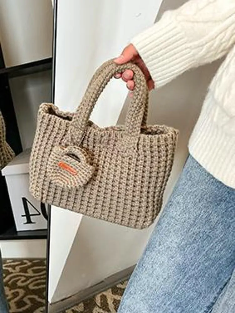 Crochet Tote Bag for Women with Wallet Small Cute Handbag Knitted Handle Bag Clutch Pouch Winter Knit Purse