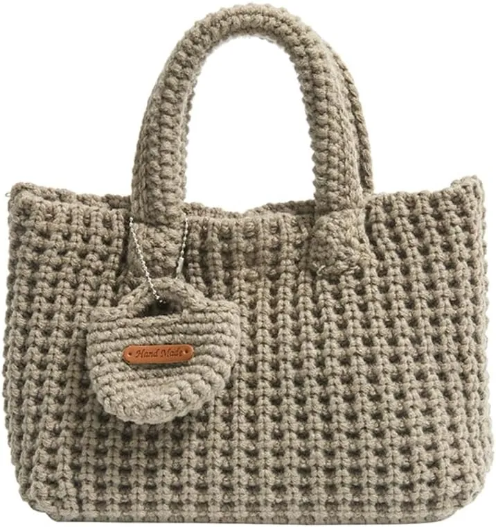 Crochet Tote Bag for Women with Wallet Small Cute Handbag Knitted Handle Bag Clutch Pouch Winter Knit Purse