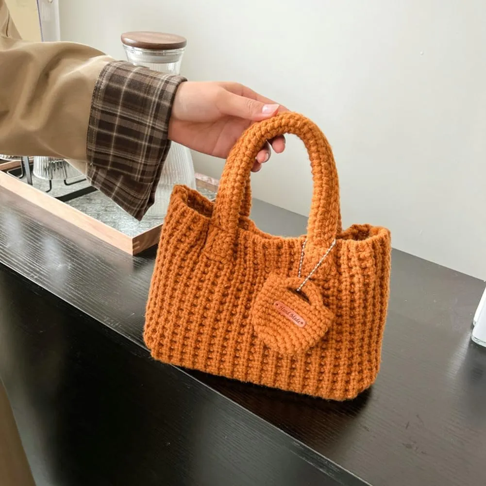 Crochet Tote Bag for Women with Wallet Small Cute Handbag Knitted Handle Bag Clutch Pouch Winter Knit Purse