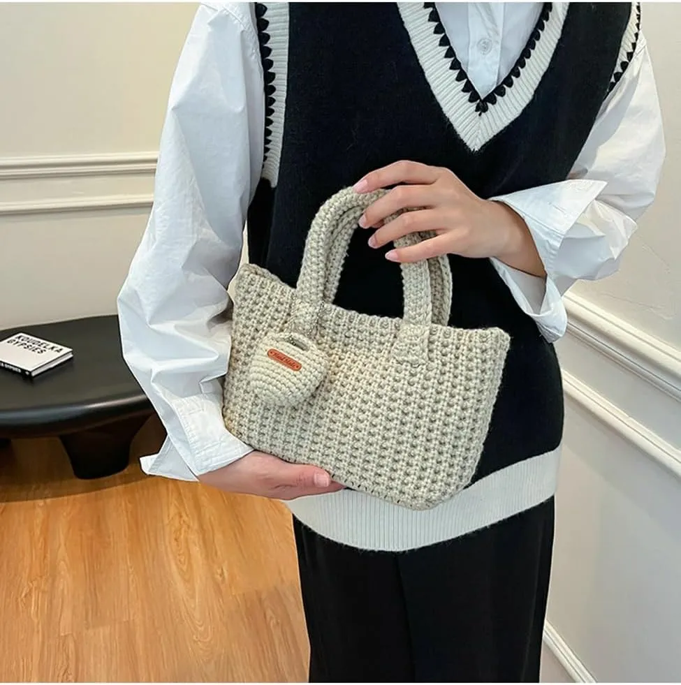 Crochet Tote Bag for Women with Wallet Small Cute Handbag Knitted Handle Bag Clutch Pouch Winter Knit Purse