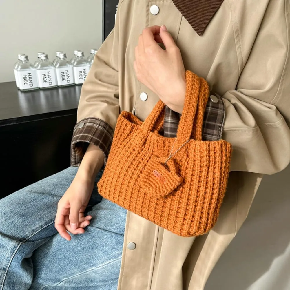 Crochet Tote Bag for Women with Wallet Small Cute Handbag Knitted Handle Bag Clutch Pouch Winter Knit Purse