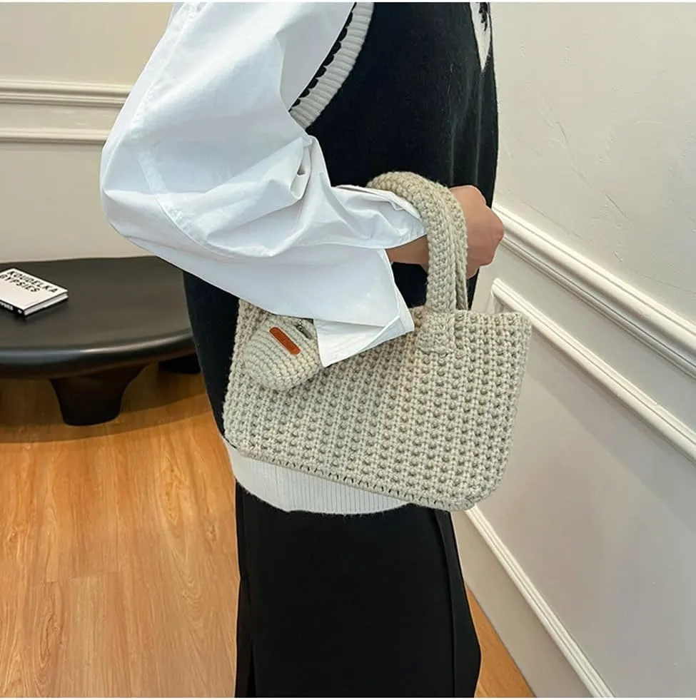 Crochet Tote Bag for Women with Wallet Small Cute Handbag Knitted Handle Bag Clutch Pouch Winter Knit Purse