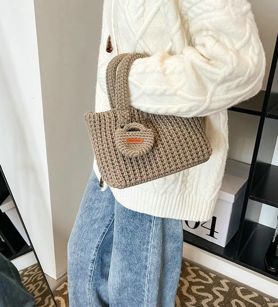 Crochet Tote Bag for Women with Wallet Small Cute Handbag Knitted Handle Bag Clutch Pouch Winter Knit Purse