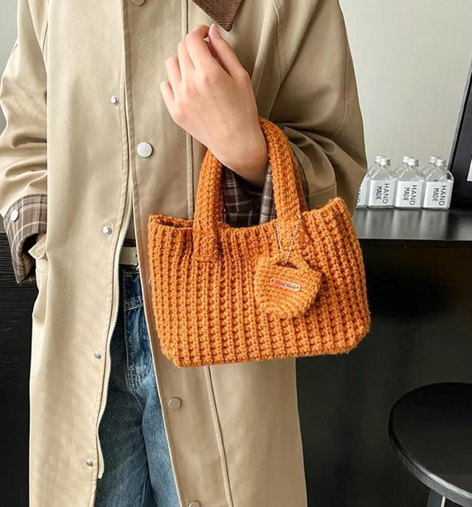 Crochet Tote Bag for Women with Wallet Small Cute Handbag Knitted Handle Bag Clutch Pouch Winter Knit Purse