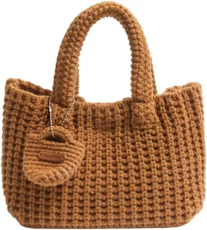 Crochet Tote Bag for Women with Wallet Small Cute Handbag Knitted Handle Bag Clutch Pouch Winter Knit Purse