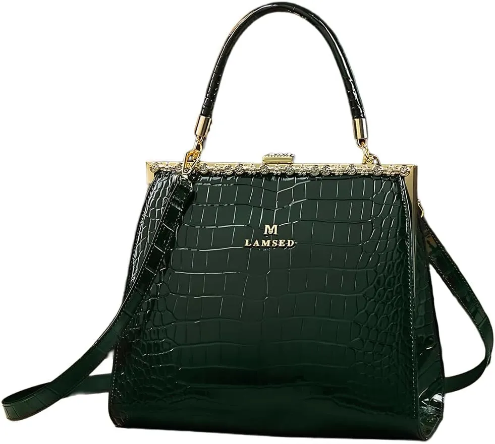 Crocodile Pattern Leather Women's Bag Diamonds Clip Top Handle Satchel Crossbody Handbags Evening Bag Purses Shoulder Bags