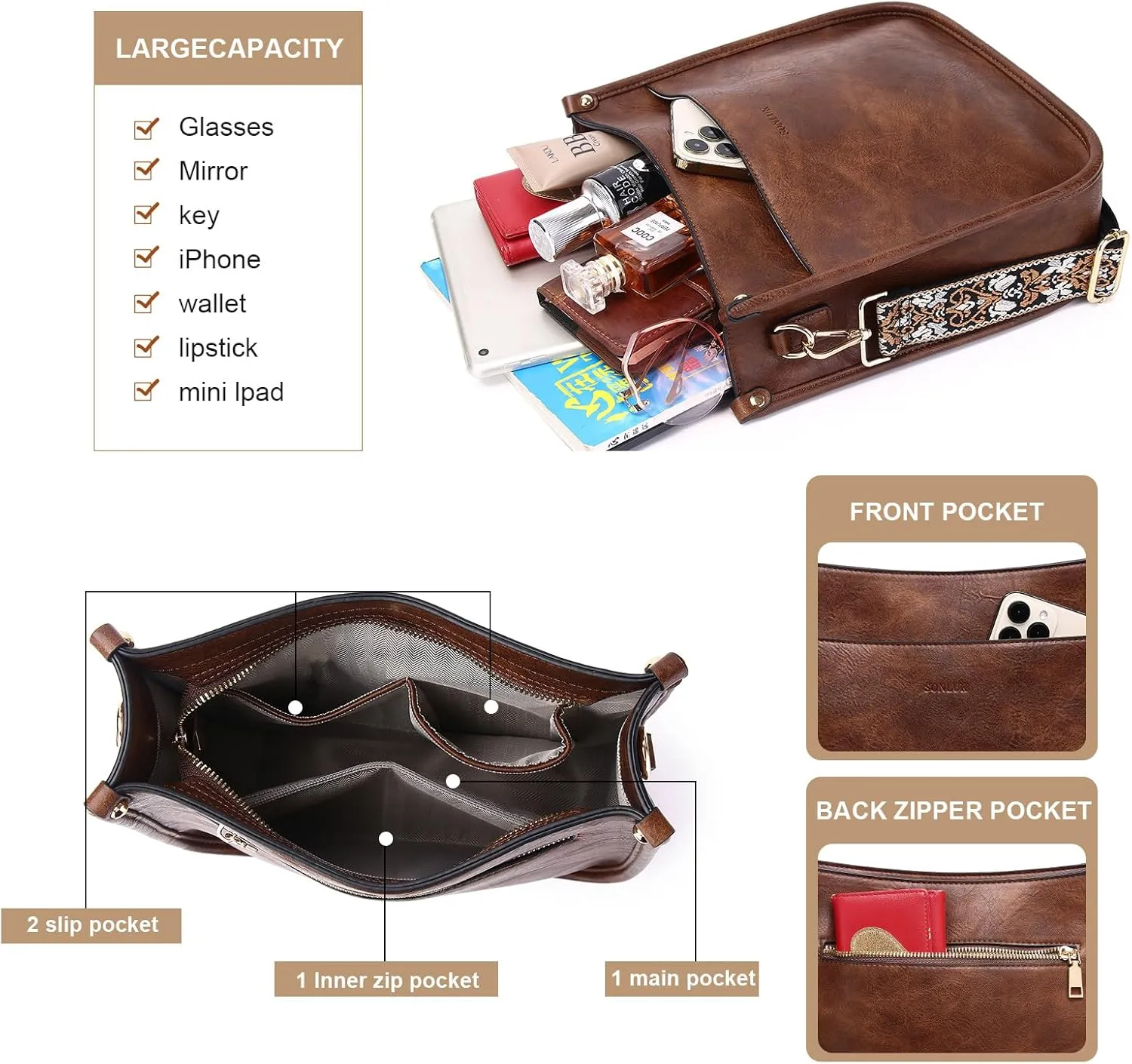 Crossbody Bag for Women Trendy Vegan Leather Hobo Handbags With 2PCS Adjustable Guitar Strap Shoulder Purse For Women…
