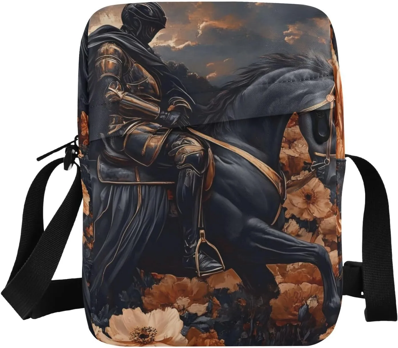 Crossbody Bag Purse Floral Knight Print for Women Men, Small Shoulder Pouch with Adjustable Strap 6.6×2.5×9.4 IN