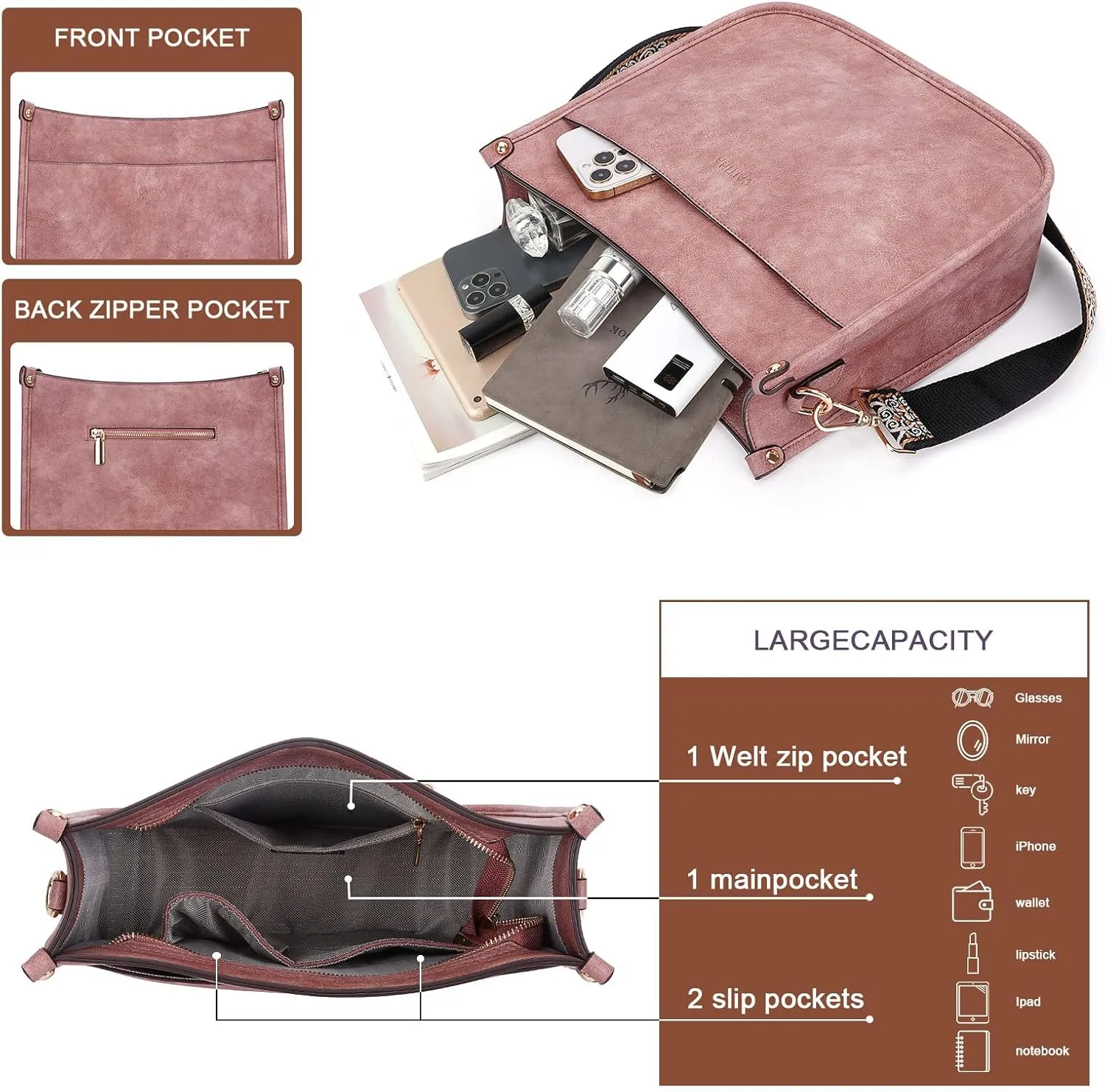 Crossbody Bag Women Vegan Leather Hobo Handbag Trendy Crossbody Shoulder Bag Purses For Women with 2 Adjustable Strap