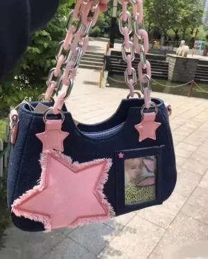 Crossbody Bag Y2K Purse for Women Girls, Small Denim Tote Bag Handbag Cute Kawaii Clear Ita Bag with Zipper