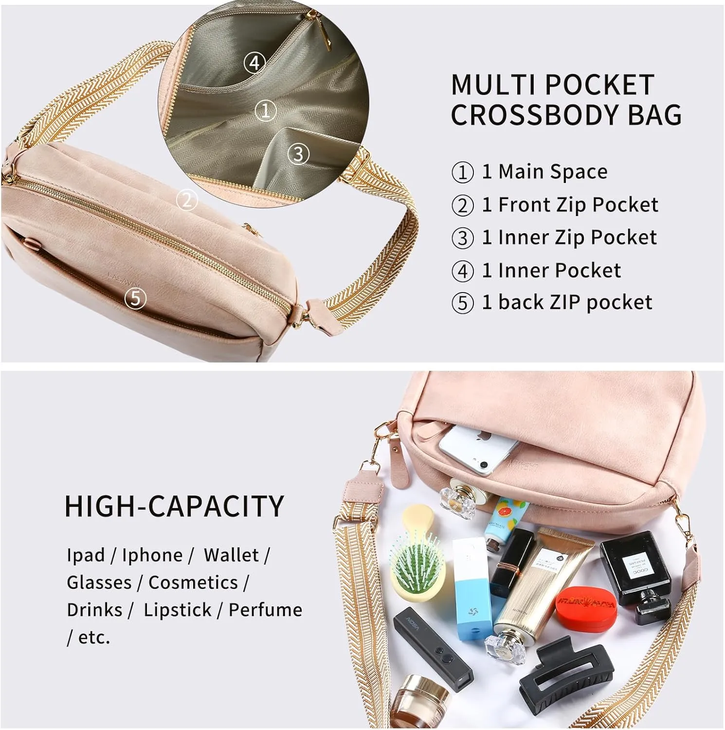 Crossbody Bags for Women, Fashion Large Size Vegan Leather Purse Shoulder Handbag with Adjustable Wide Strap