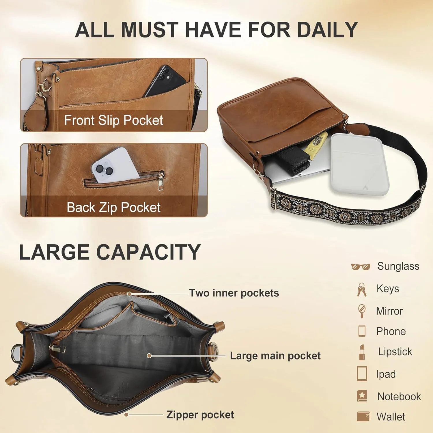 Crossbody Bags for Women Leather Hobo Handbags with 2pcs Adjustable Guitar Strap