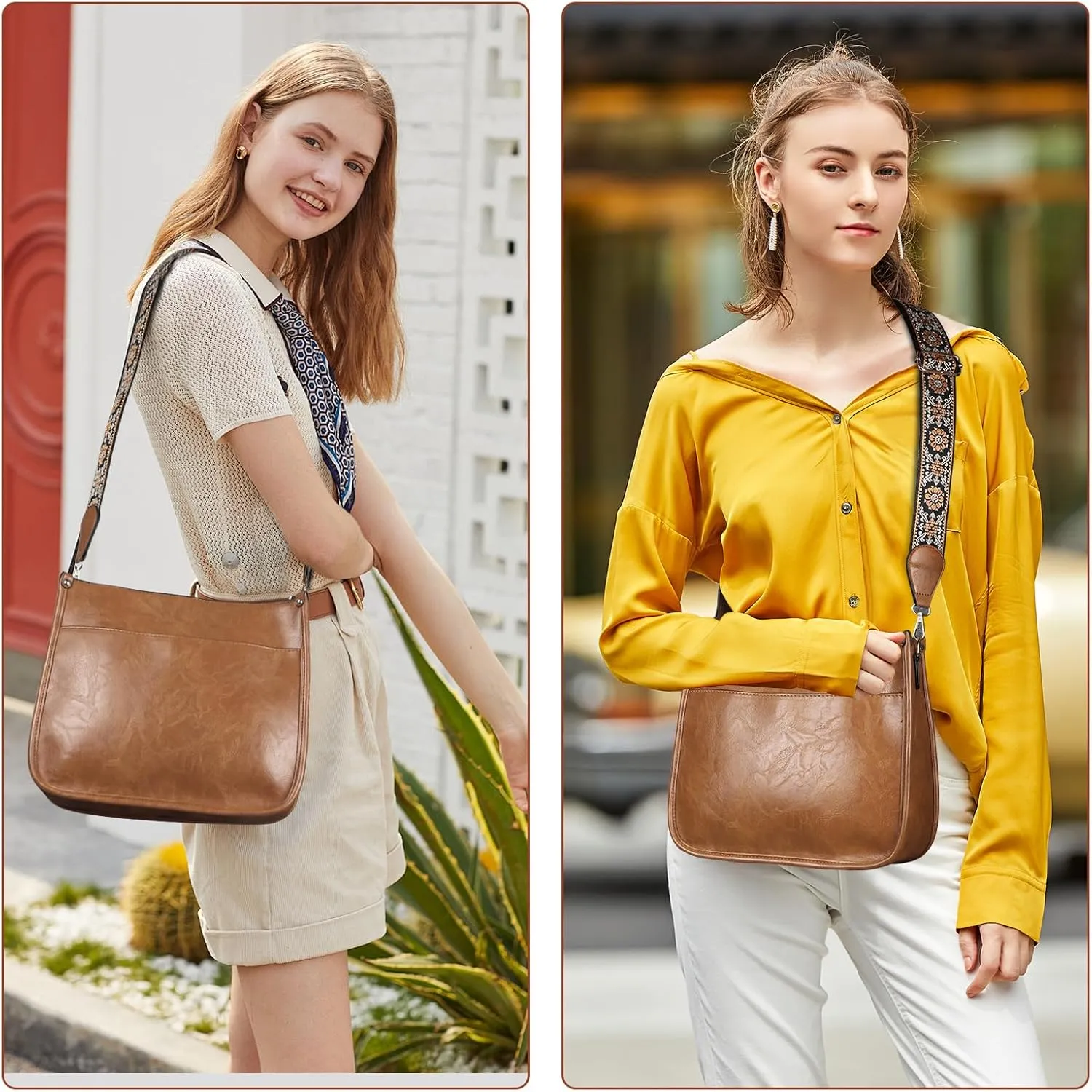 Crossbody Bags for Women Leather Hobo Handbags with 2pcs Adjustable Guitar Strap