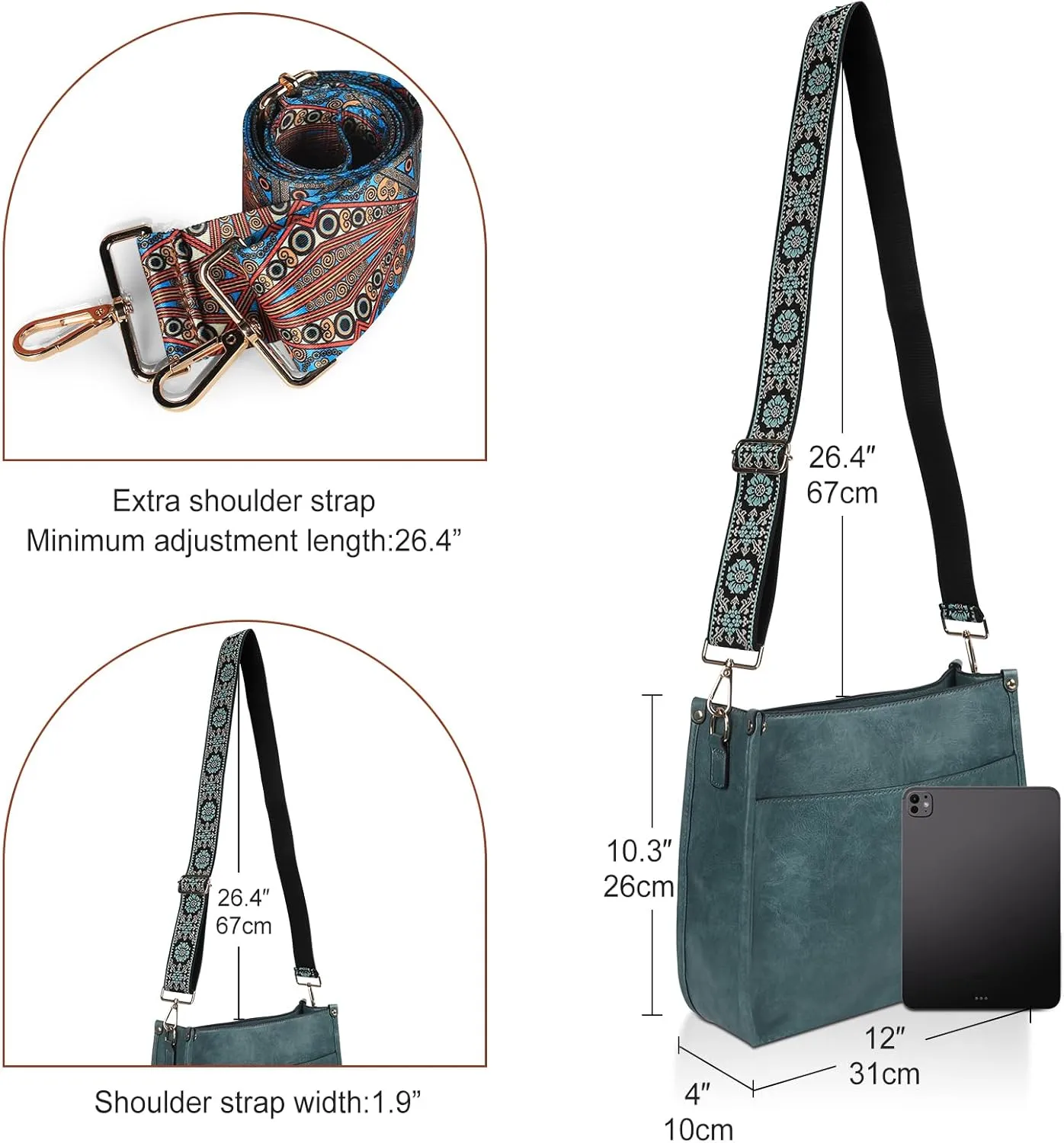 Crossbody Bags for Women Leather Hobo Handbags with 2pcs Adjustable Guitar Strap