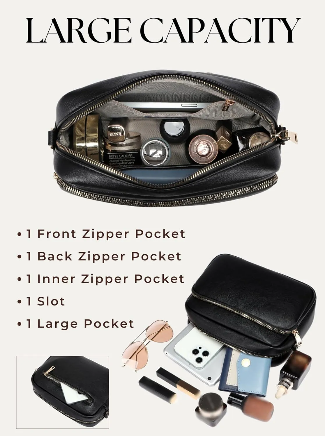 Crossbody Bags for Women, Small Cross Body Purse Vegan Leather Triple Zip Shoulder Handbag with Adjustable Wide Strap