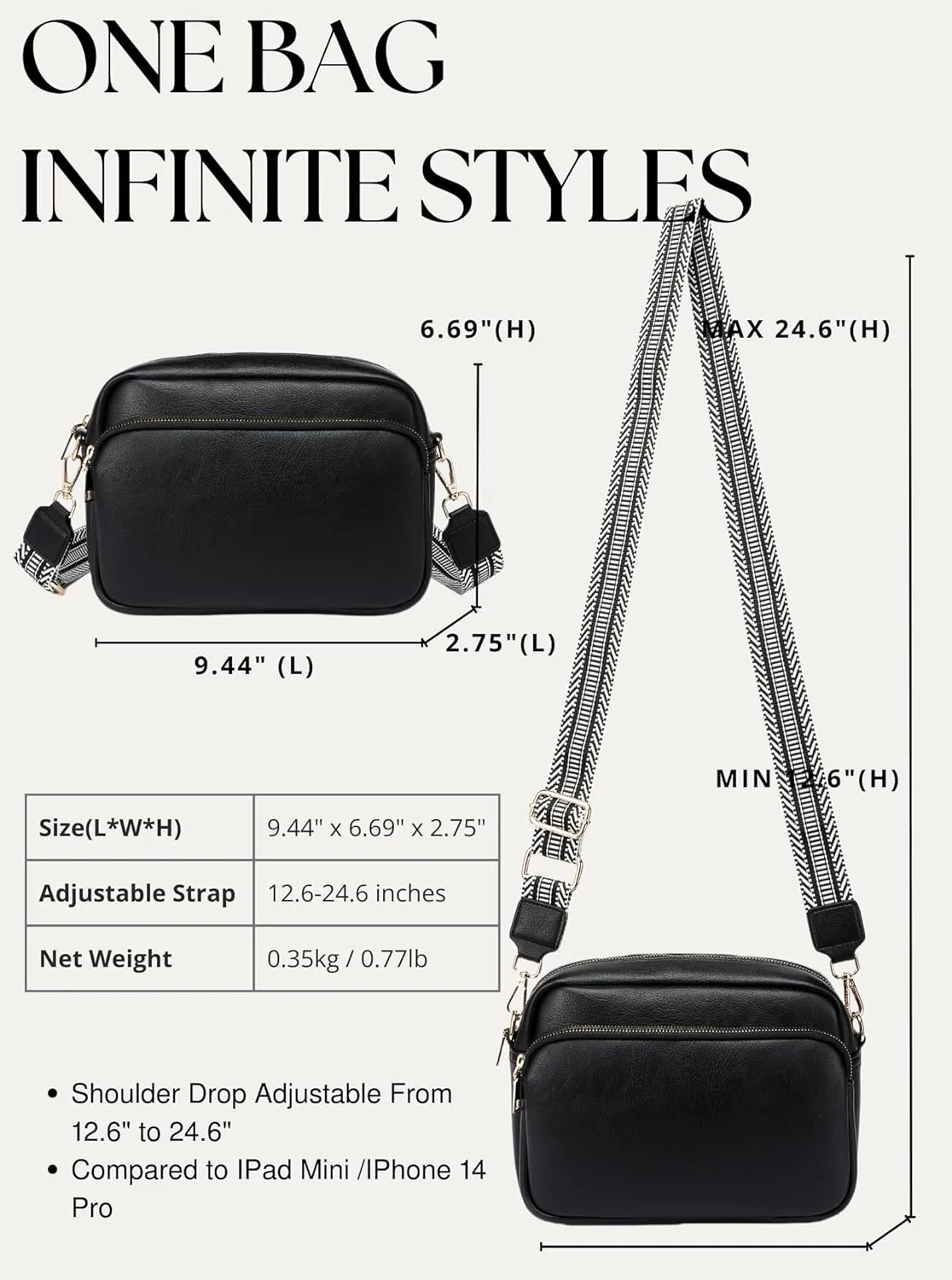 Crossbody Bags for Women, Small Cross Body Purse Vegan Leather Triple Zip Shoulder Handbag with Adjustable Wide Strap
