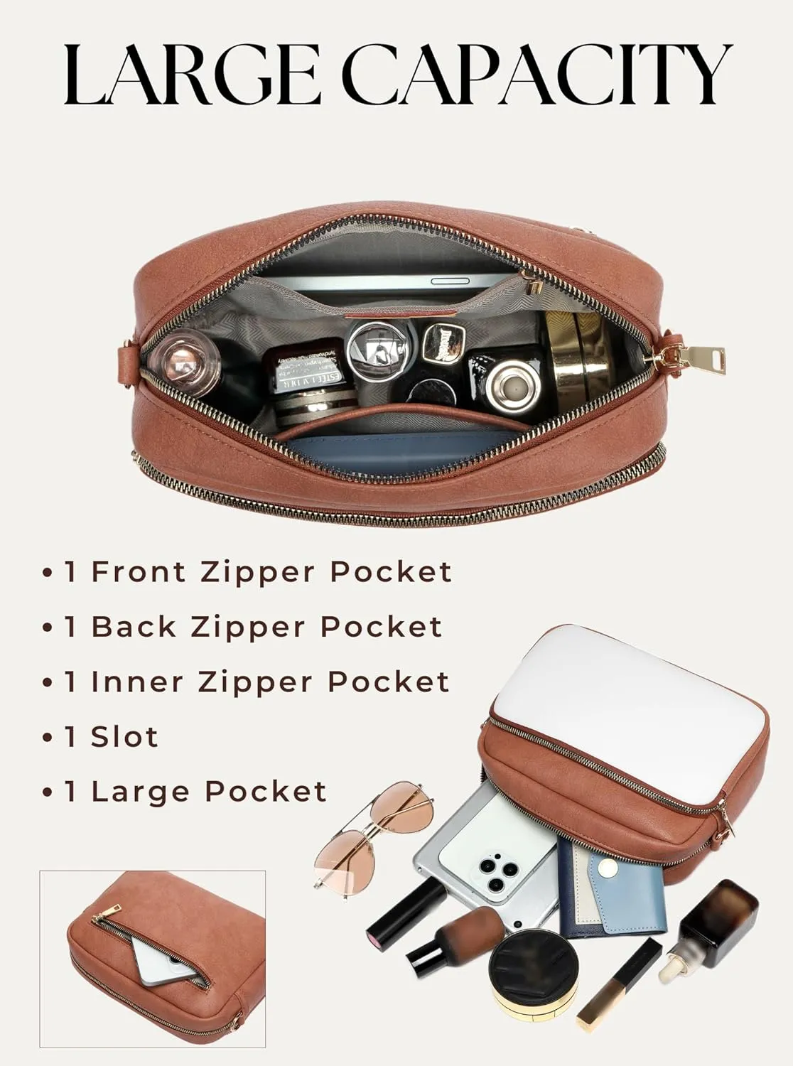 Crossbody Bags for Women, Small Cross Body Purse Vegan Leather Triple Zip Shoulder Handbag with Adjustable Wide Strap