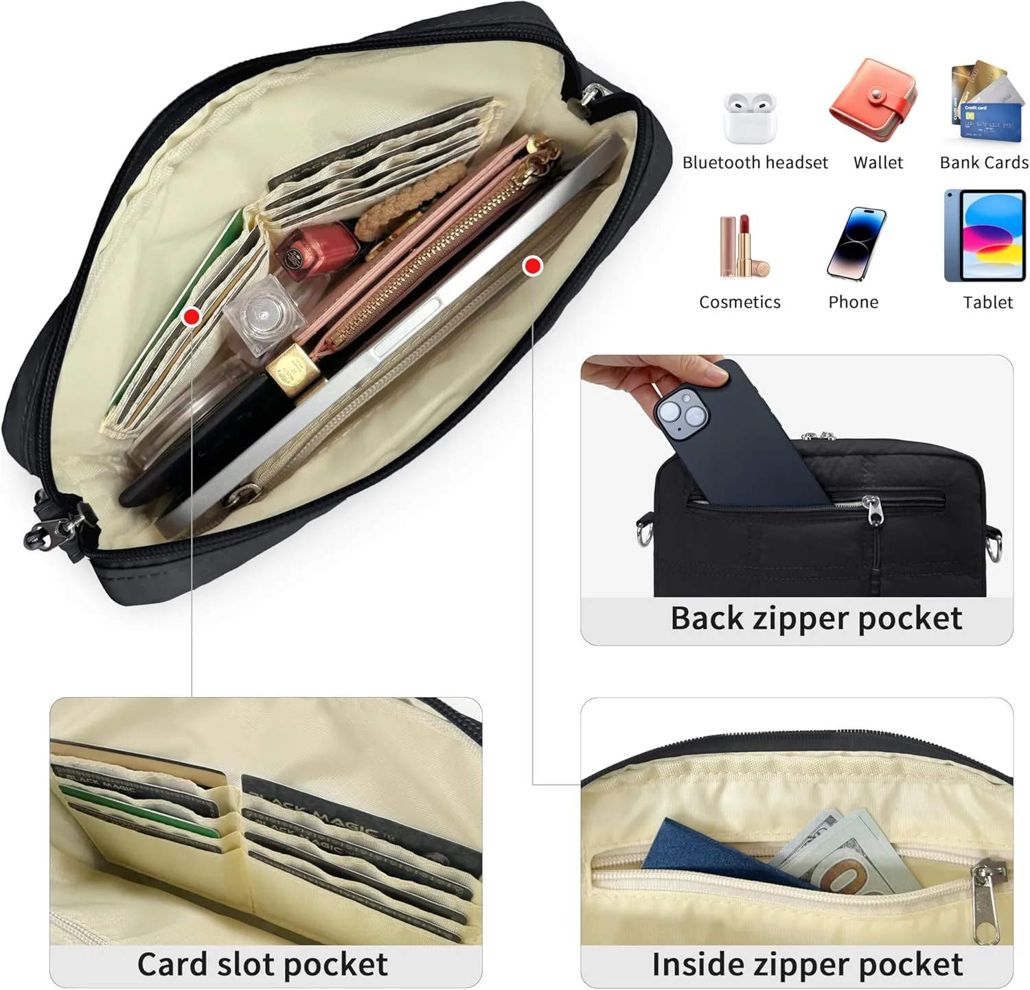 Crossbody Bags for Women, Small Quilted Shoulder Handbag with Adjustable Guitar Strap and Card Slots, Travel Purse