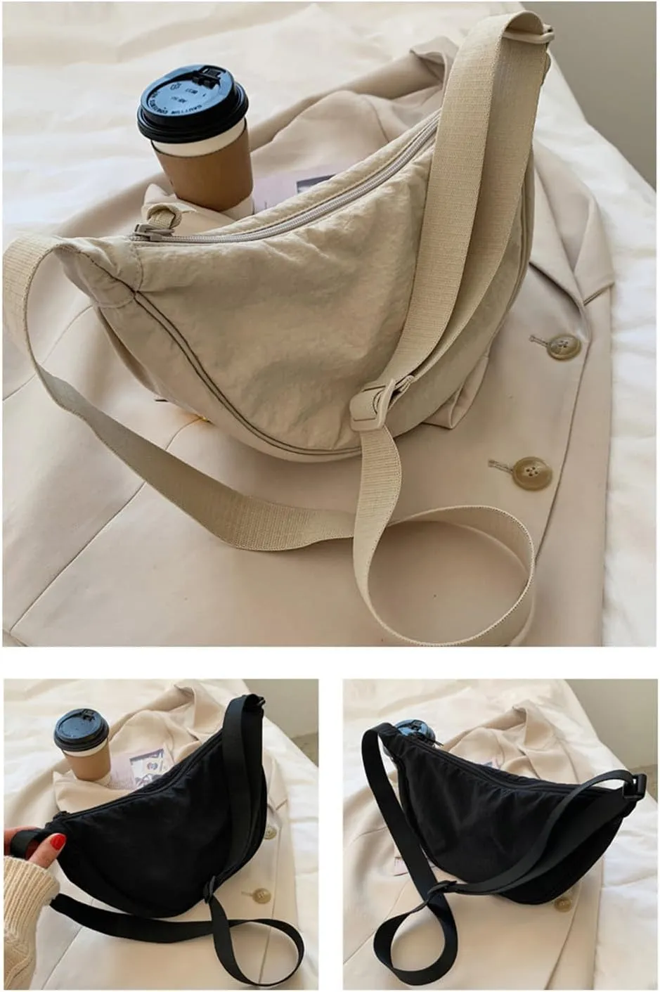 Crossbody Hobo Crescent Bag with Mesh Storage, Women's Shoulder Purse - Adjustable Strap