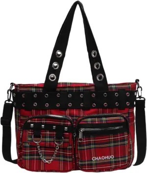 Crossbody Messenger Bag Punk Gothic Y2k Tartan Studded Vintage Large Capacity Chain Decoration Adjustable Strap