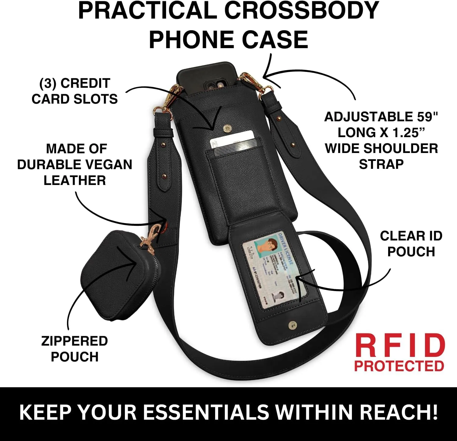 Crossbody Phone Purse (Black) - Touch Screen Handbag for Women - Strap With Zippered Pouch & Sling Crossbody (Boca)