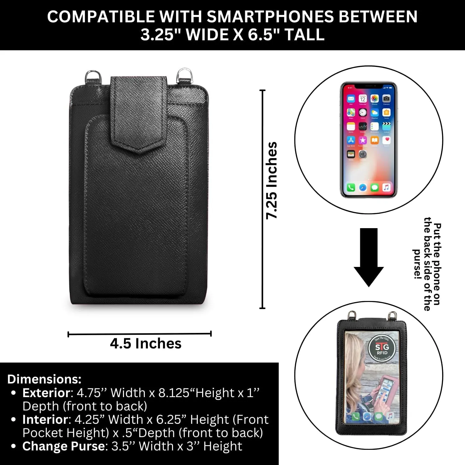 Crossbody Phone Purse (Black) - Touch Screen Handbag for Women - Strap With Zippered Pouch & Sling Crossbody (Boca)