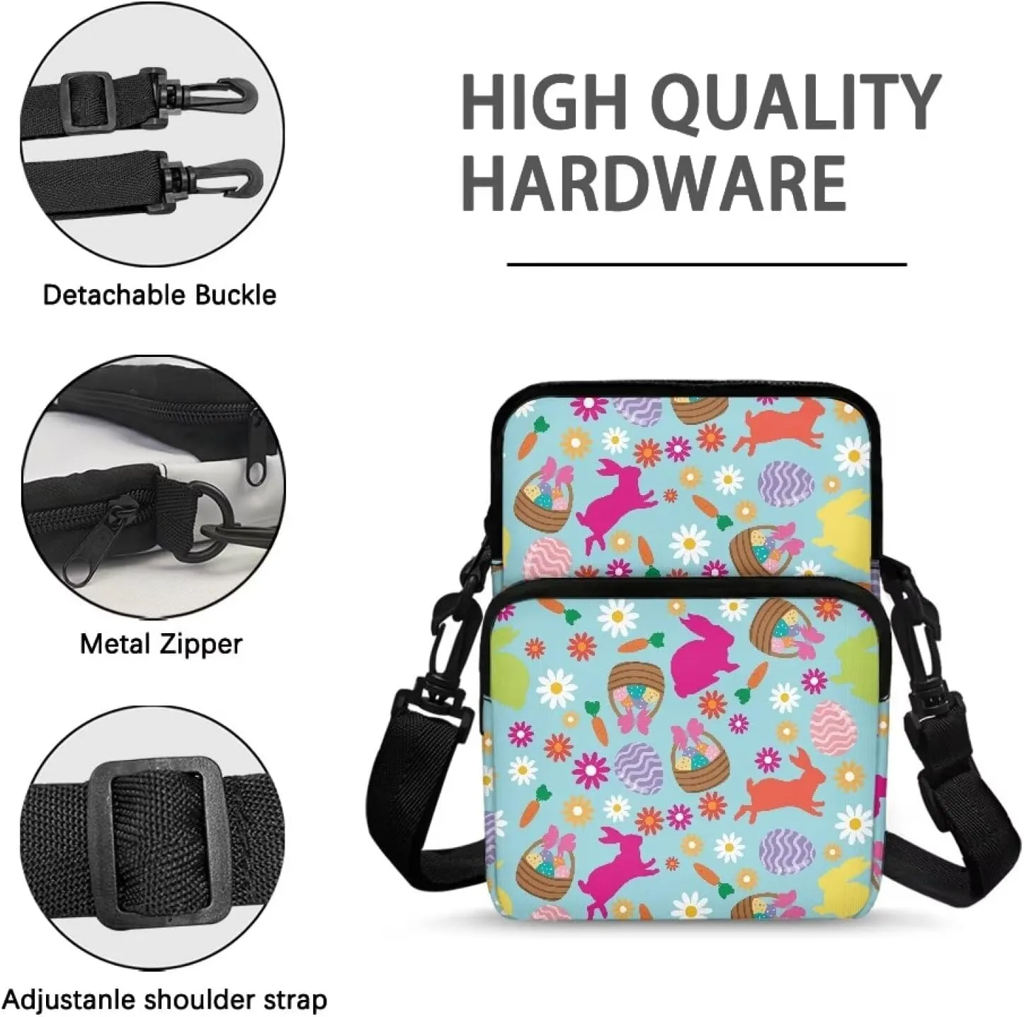 Crossbody Purses for Women Cute Little Day Bag with Detachable Buckle Women's Crossbody Handbags for Workout Running Traveling Hiking, Easter Eggs Bunny