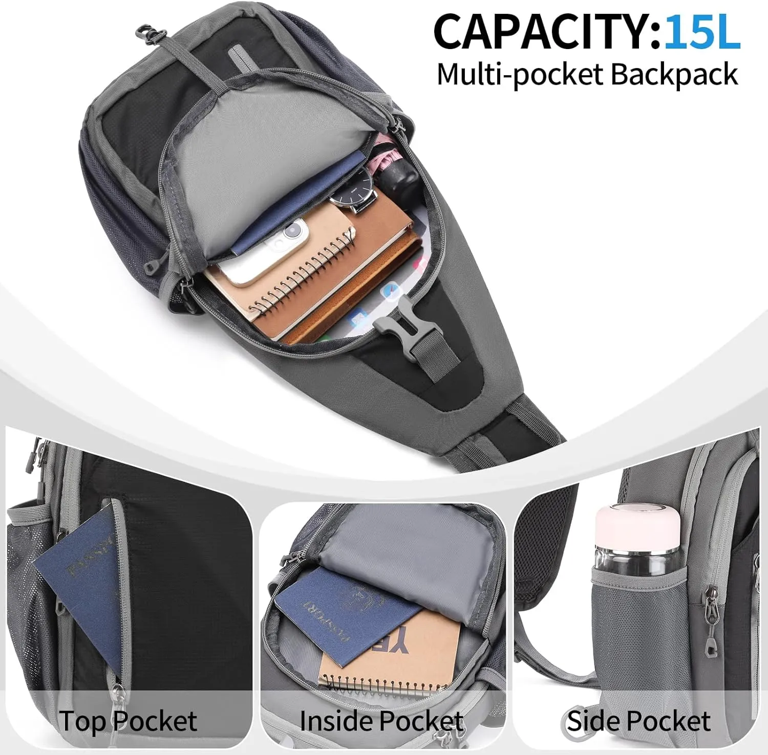 Crossbody Sling Backpack, Mens Cross Body Chest Bag Travel Hiking Daypack Adjustable Shoulder Strap Bags
