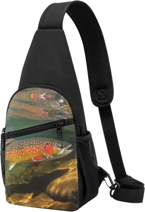 Crossbody Sling Backpack Sling Bag for Men Women Cross Chest Bag Shoulder Bag Brook Trout Fly Fishing Travel Hiking Daypack