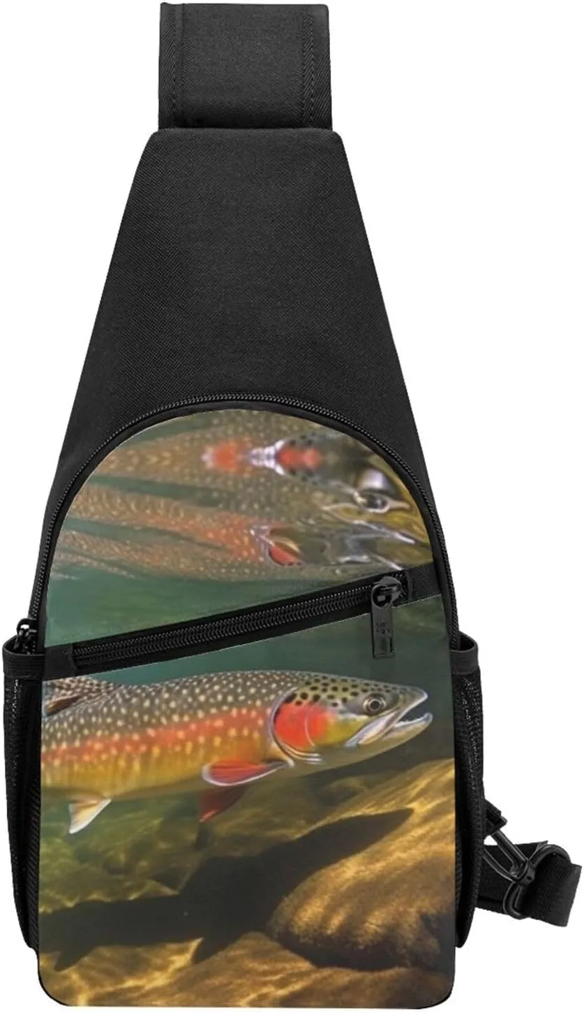 Crossbody Sling Backpack Sling Bag for Men Women Cross Chest Bag Shoulder Bag Brook Trout Fly Fishing Travel Hiking Daypack