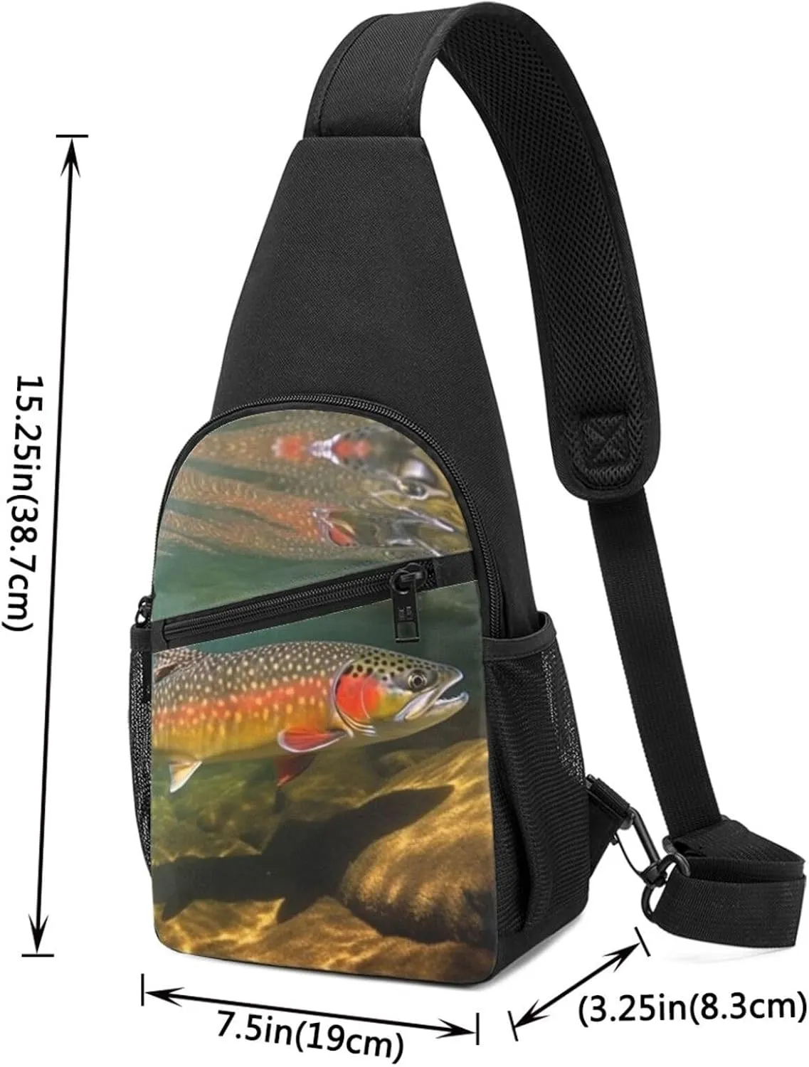 Crossbody Sling Backpack Sling Bag for Men Women Cross Chest Bag Shoulder Bag Brook Trout Fly Fishing Travel Hiking Daypack
