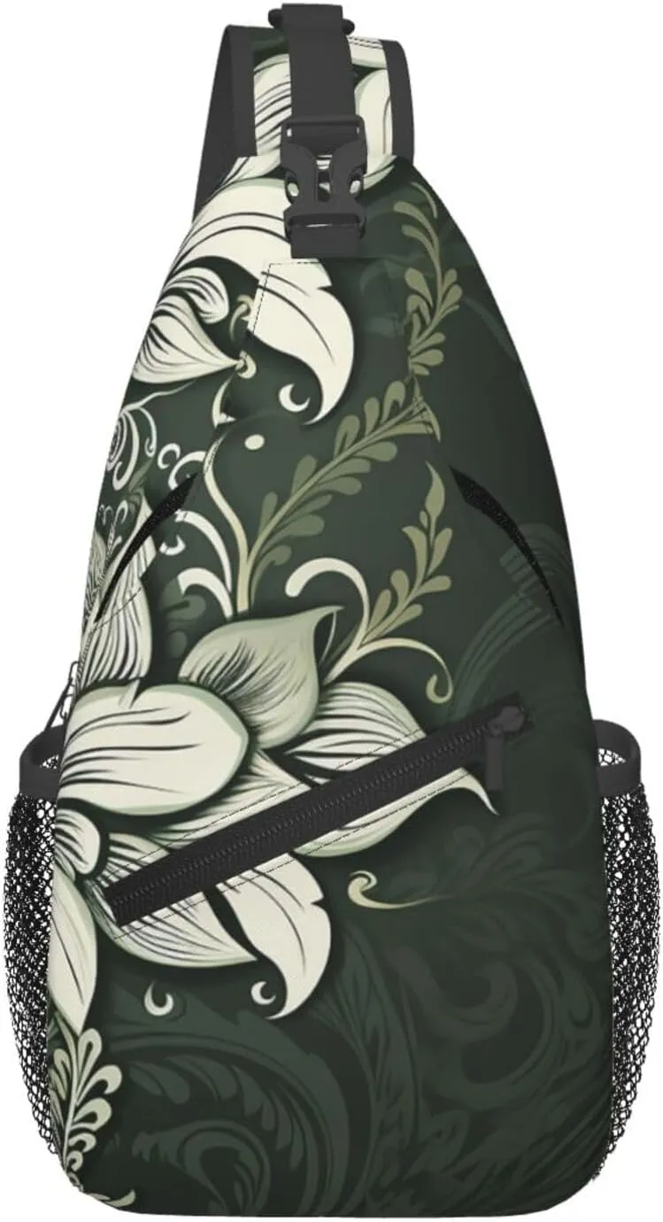 Crossbody Sling Backpack Sling Bag For Men Women Cross Chest Bag Shoulder Bag Dark Green And White Pattern Travel Hiking Daypack