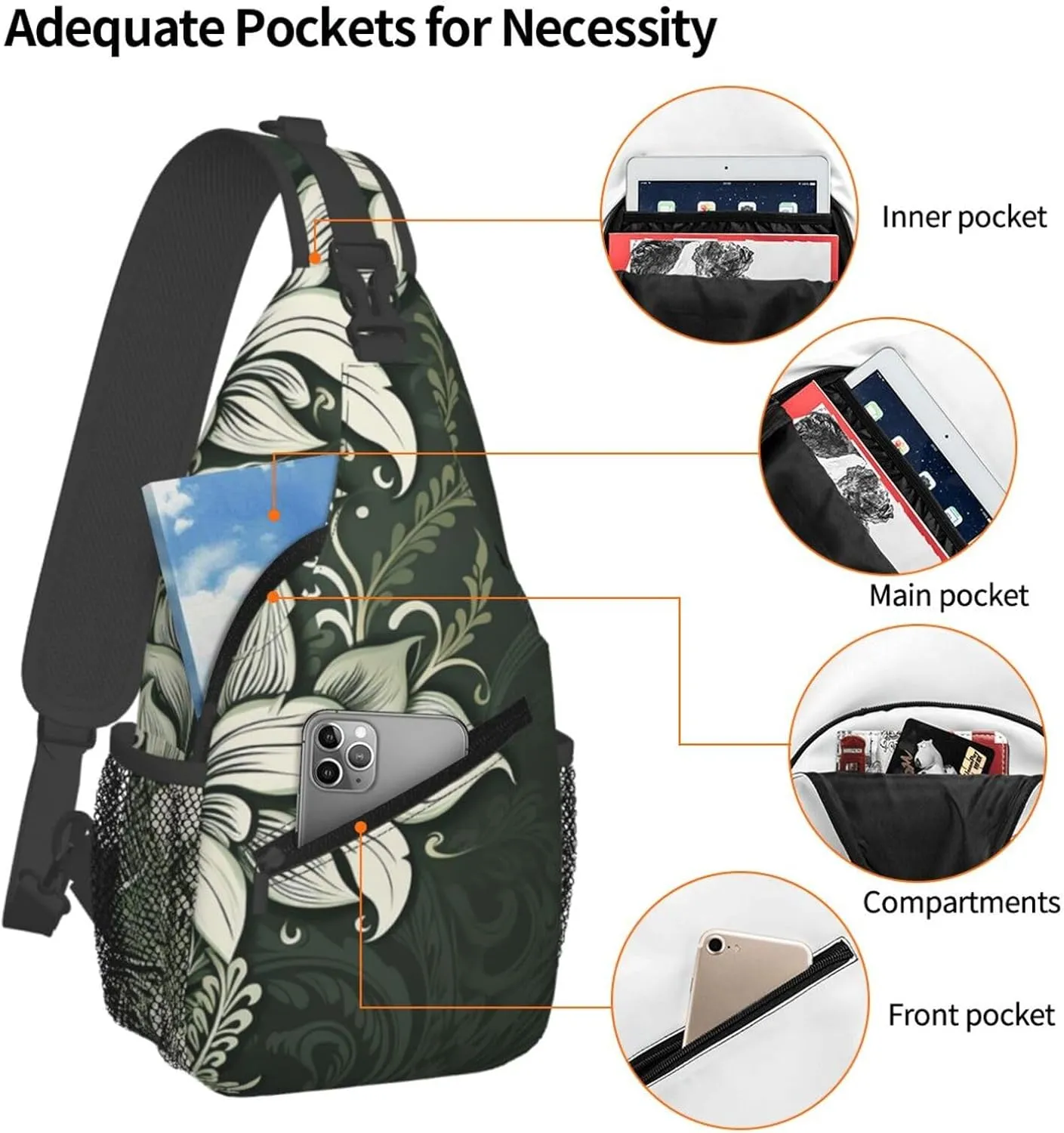 Crossbody Sling Backpack Sling Bag For Men Women Cross Chest Bag Shoulder Bag Dark Green And White Pattern Travel Hiking Daypack