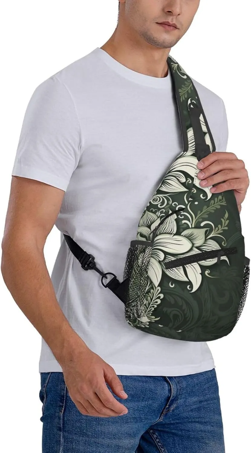 Crossbody Sling Backpack Sling Bag For Men Women Cross Chest Bag Shoulder Bag Dark Green And White Pattern Travel Hiking Daypack