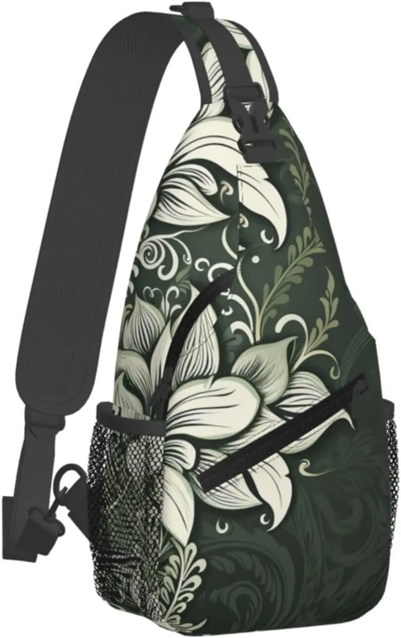 Crossbody Sling Backpack Sling Bag For Men Women Cross Chest Bag Shoulder Bag Dark Green And White Pattern Travel Hiking Daypack