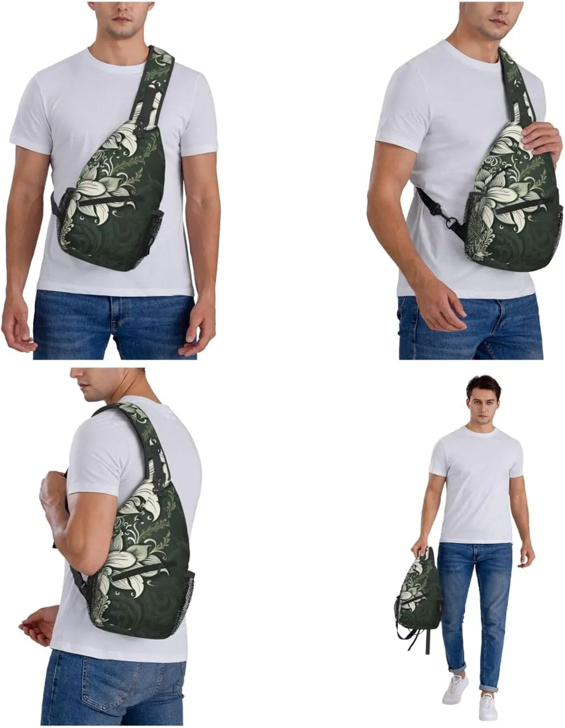 Crossbody Sling Backpack Sling Bag For Men Women Cross Chest Bag Shoulder Bag Dark Green And White Pattern Travel Hiking Daypack