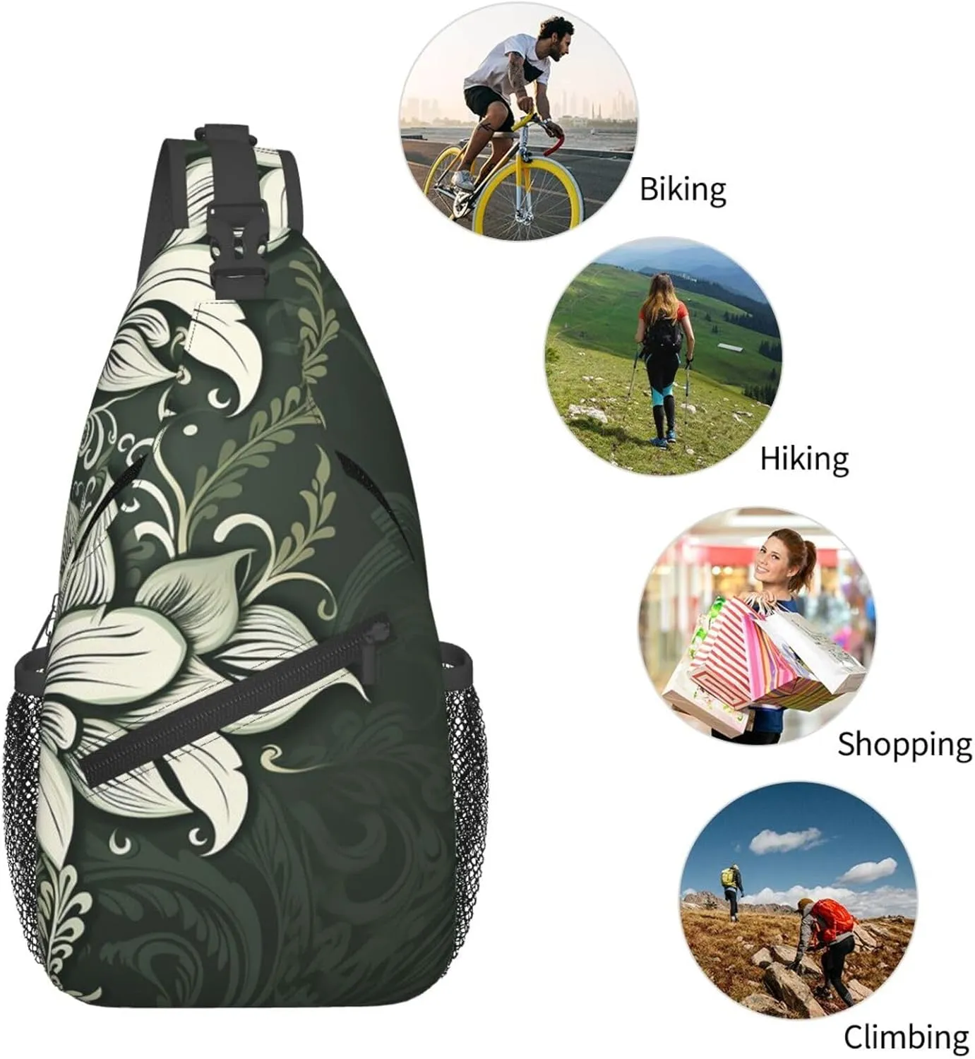 Crossbody Sling Backpack Sling Bag For Men Women Cross Chest Bag Shoulder Bag Dark Green And White Pattern Travel Hiking Daypack