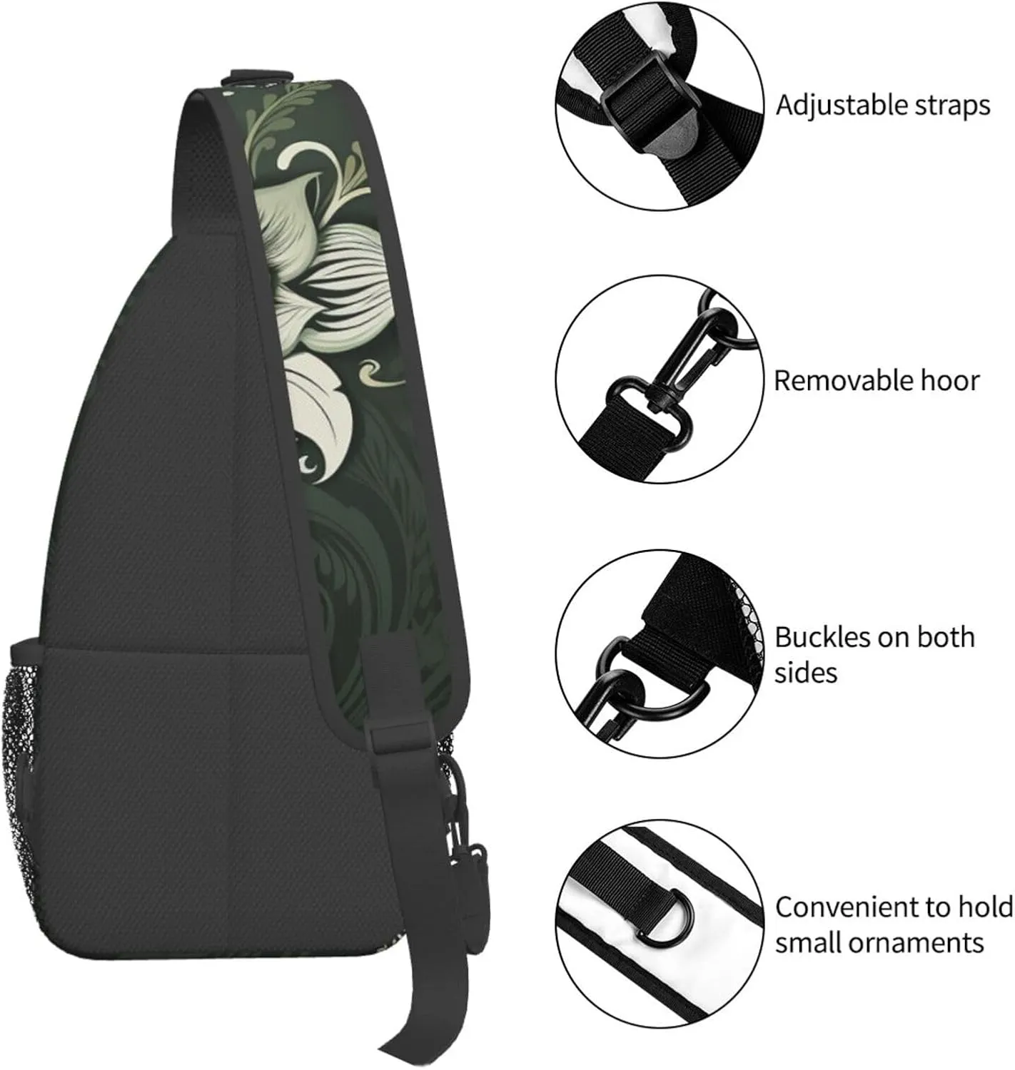 Crossbody Sling Backpack Sling Bag For Men Women Cross Chest Bag Shoulder Bag Dark Green And White Pattern Travel Hiking Daypack