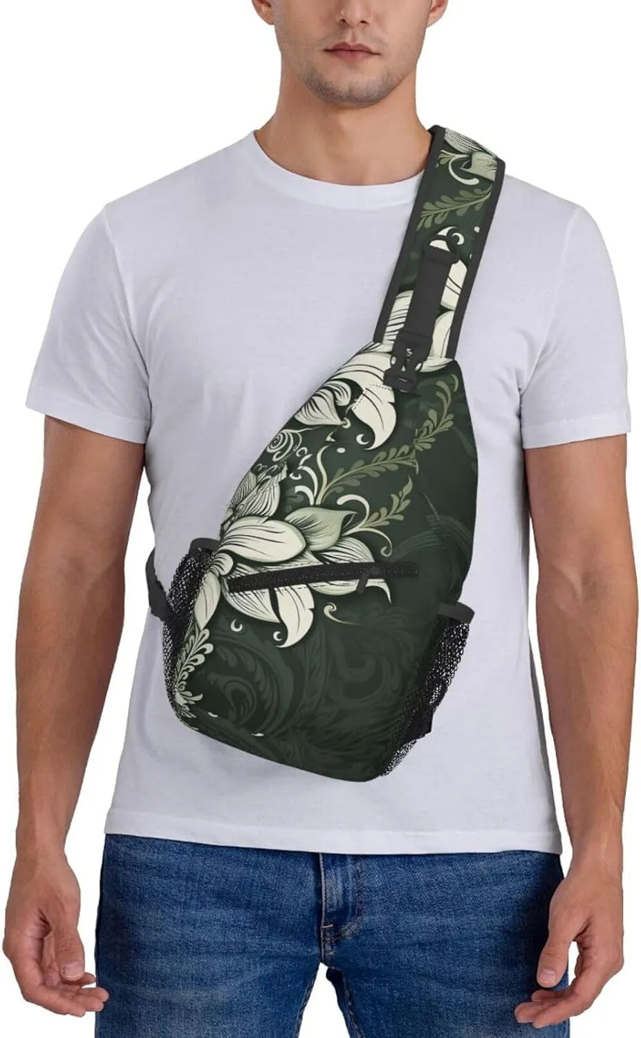 Crossbody Sling Backpack Sling Bag For Men Women Cross Chest Bag Shoulder Bag Dark Green And White Pattern Travel Hiking Daypack