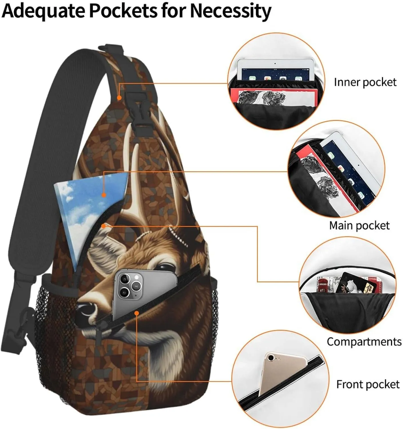 Crossbody Sling Backpack Sling Bag For Men Women Cross Chest Bag Shoulder Bag Deer On Brown Background Travel Hiking Daypack