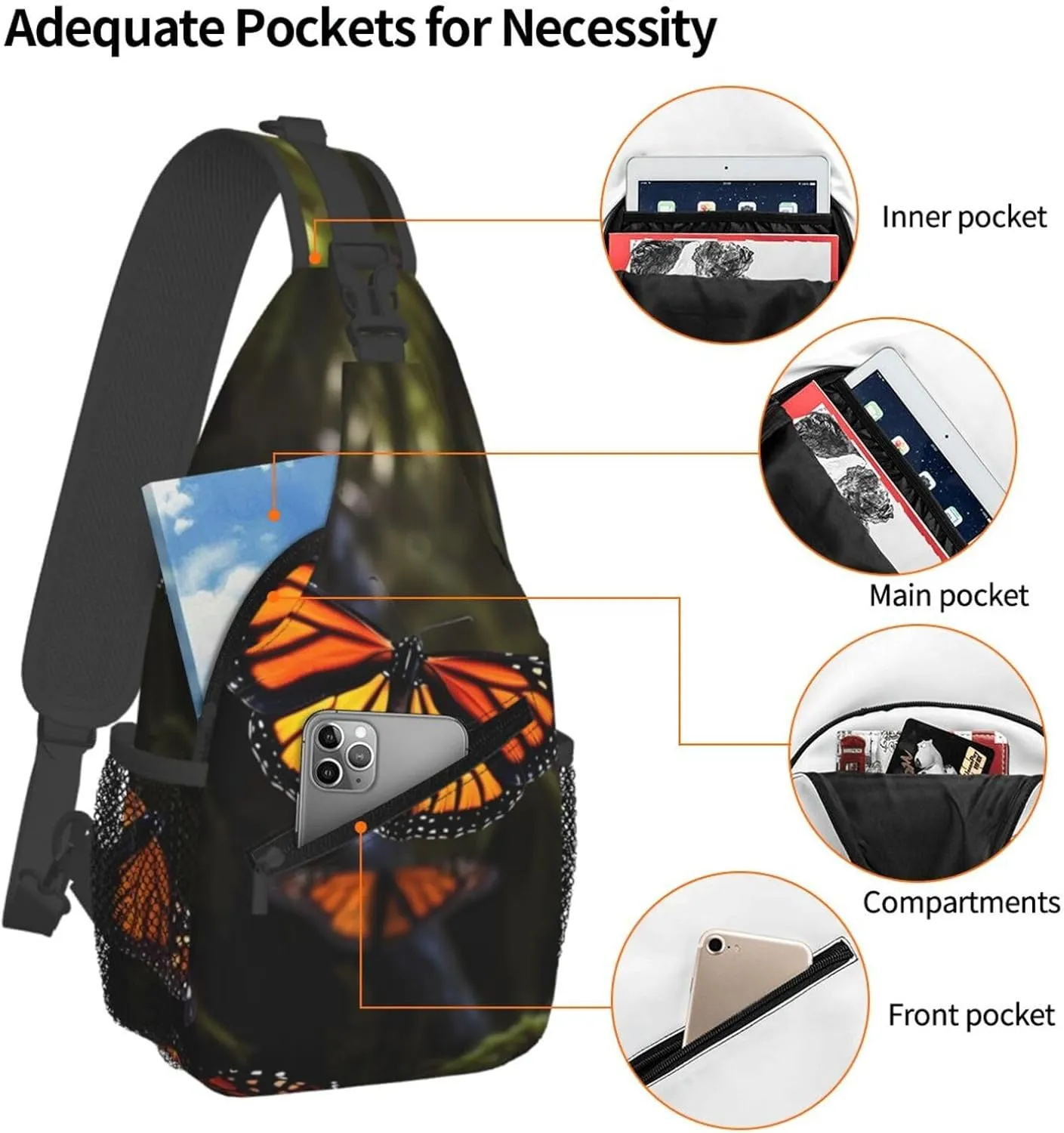 Crossbody Sling Backpack Sling Bag For Men Women Cross Chest Bag Shoulder Bag Monarch Butterflies Travel Hiking Daypack