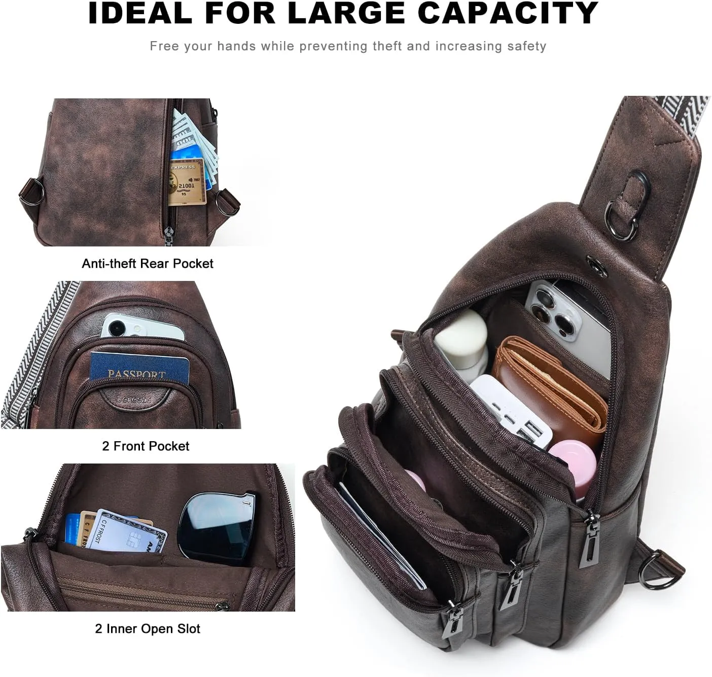 Crossbody Sling Bag for Women Men Anti Theft Cross Body Fanny Pack Belt Bag Purse Gifts for Women Faux Leather, Coffee