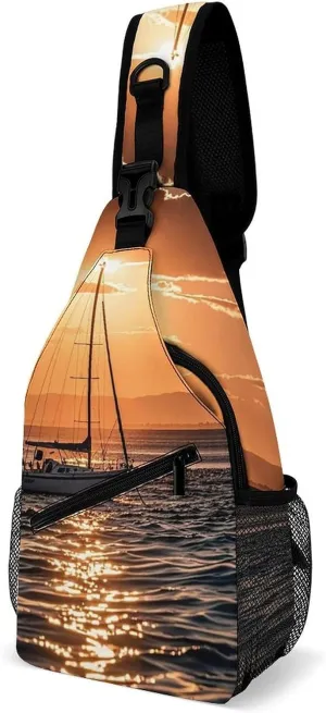 Crossbody Sling Bag Sunset Seascape Sailboat Floating Crossbody Bags Casual Chest Bag Lightweight Fanny Packs Sling Purses with Adjustable Shoulder Strap for Travel Sport Running Hiking