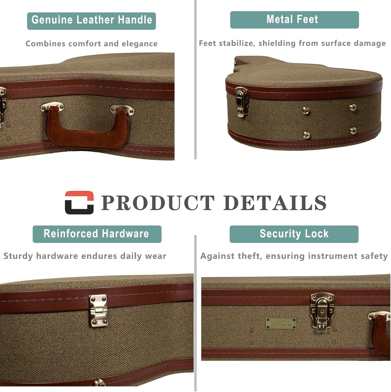 Crossrock Master Series Les Paul Electric Guitar Case | Olive Green Tweed Exterior, Re-Engineered Wooden Shell, Leather Handle & Forest Green Velvet Interio