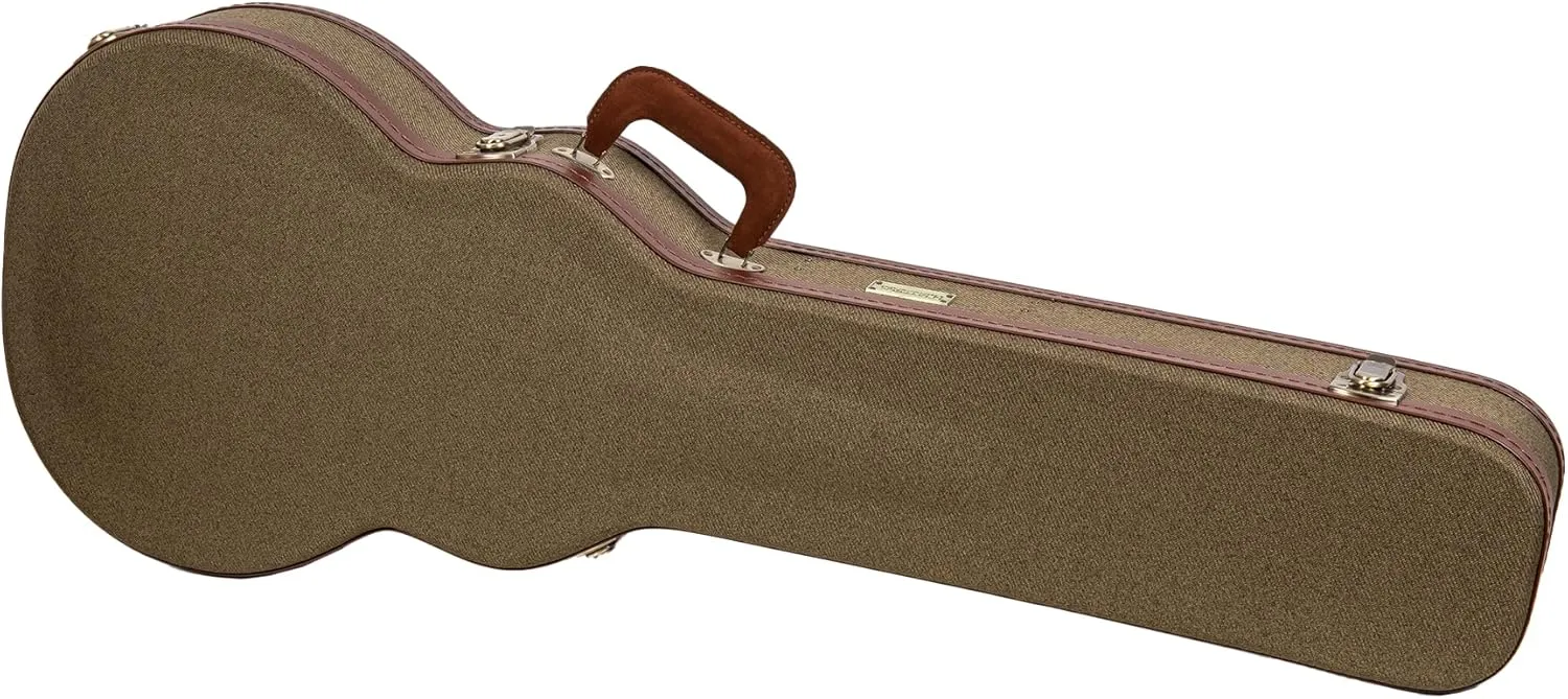 Crossrock Master Series Les Paul Electric Guitar Case | Olive Green Tweed Exterior, Re-Engineered Wooden Shell, Leather Handle & Forest Green Velvet Interio