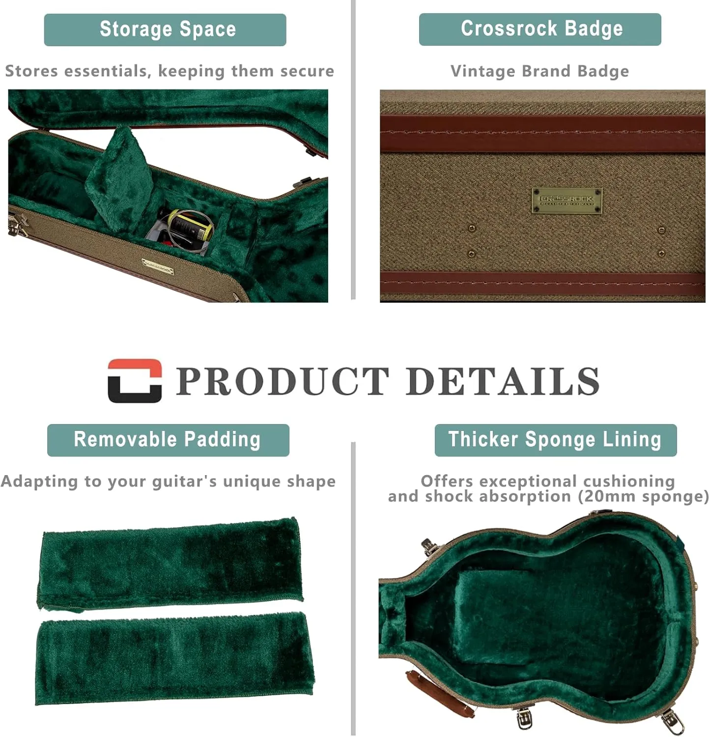 Crossrock Master Series Les Paul Electric Guitar Case | Olive Green Tweed Exterior, Re-Engineered Wooden Shell, Leather Handle & Forest Green Velvet Interio